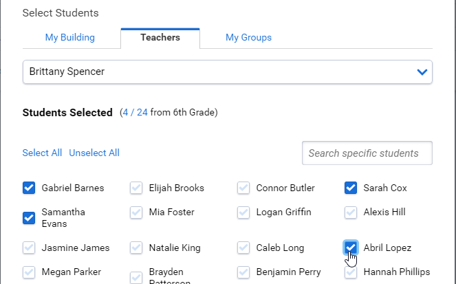 an example of the Building Administrator's choices, with the My Teachers tab selected and students checked