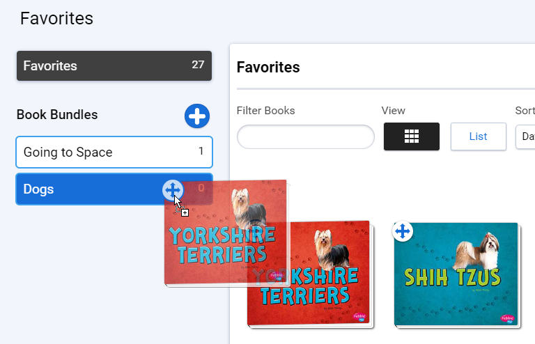 an example of a student dragging a book from Favorites into a bundle