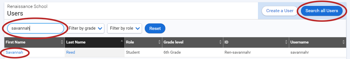 the search field, search results, and the Search All Users button