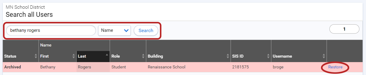 a search for students with a deactivated student in the results