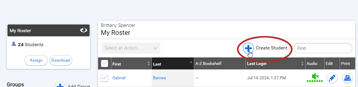 select the + next to Create Student