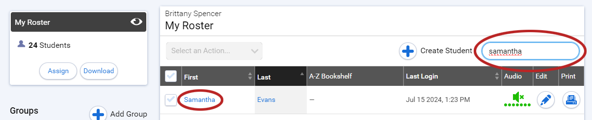 an example of a search for a student and the result