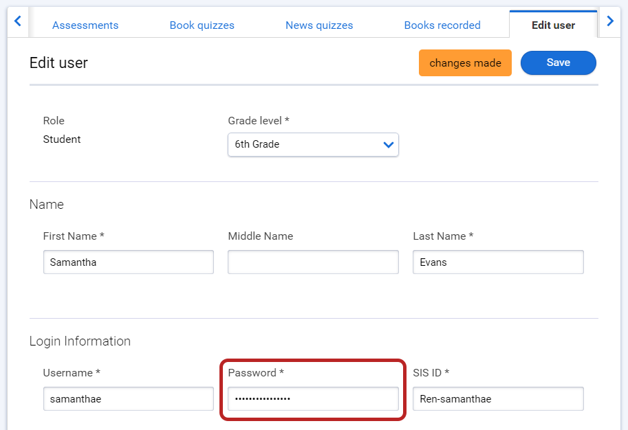 the Edit User page for a student, with fields for first, middle, and last name, user name, password, and ID and a drop-down list for grade