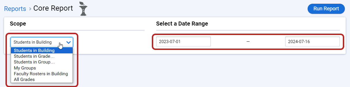 the Scope and Date Range options