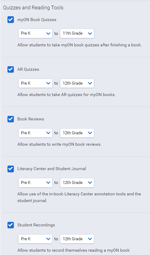the Quizzes and Reading Tools settings