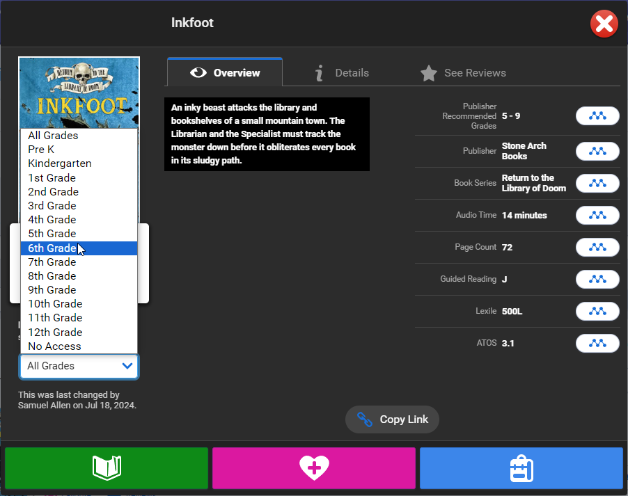 the minimum grade level setting for administrators in the book information window