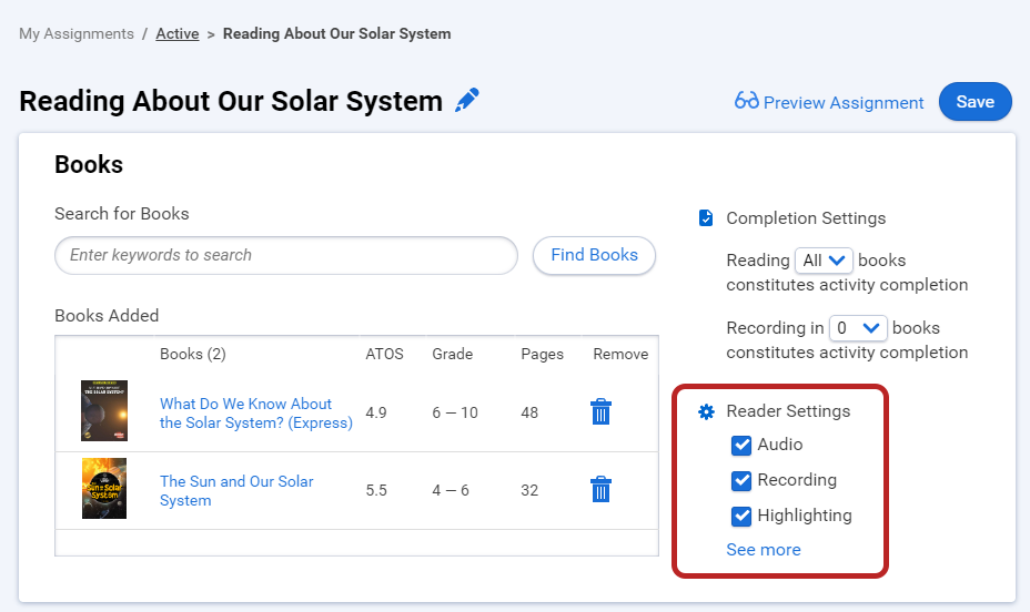 the reader settings for an assignment, including audio