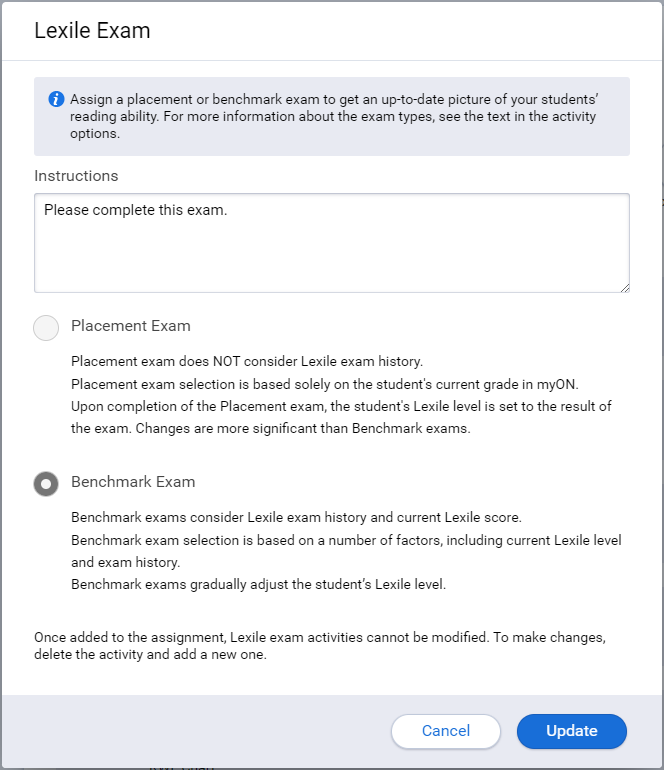 the Lexile Exam activity edit window