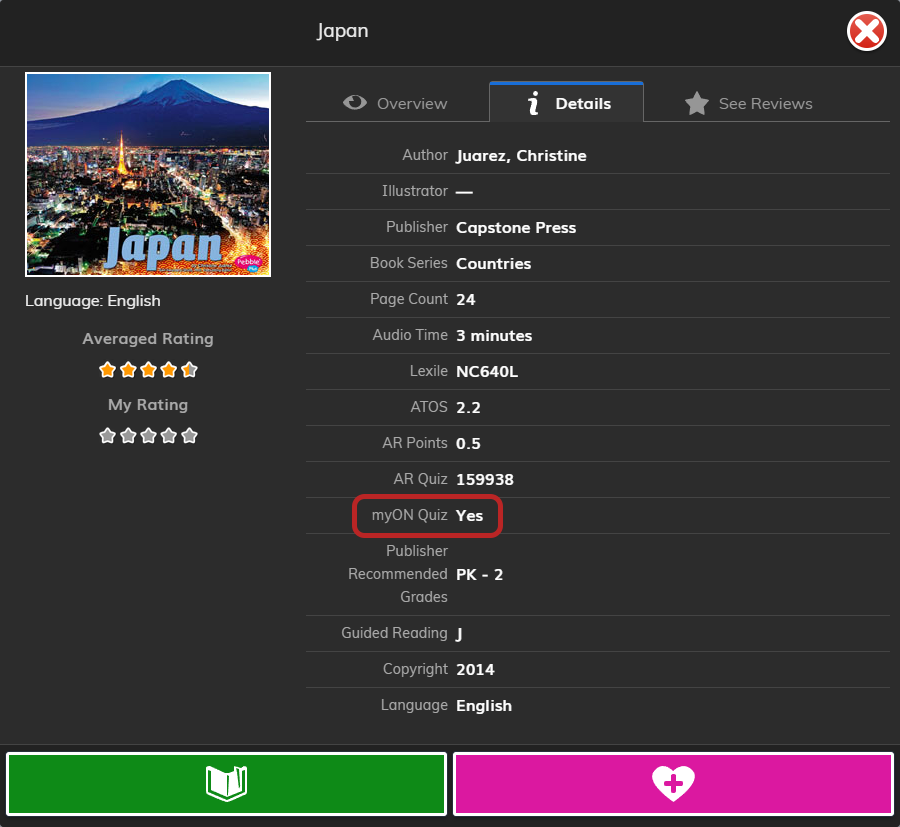 the myON Quiz information in the book information window