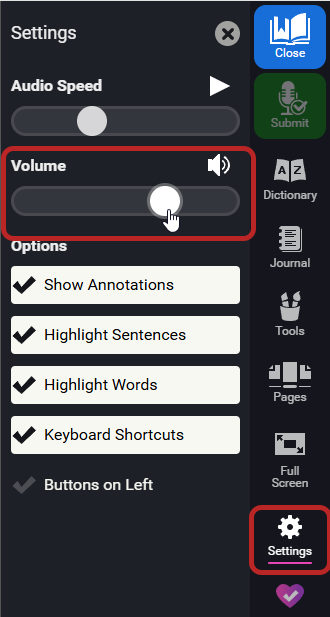 the Settings icon and the volume setting - move the circle to change the volume