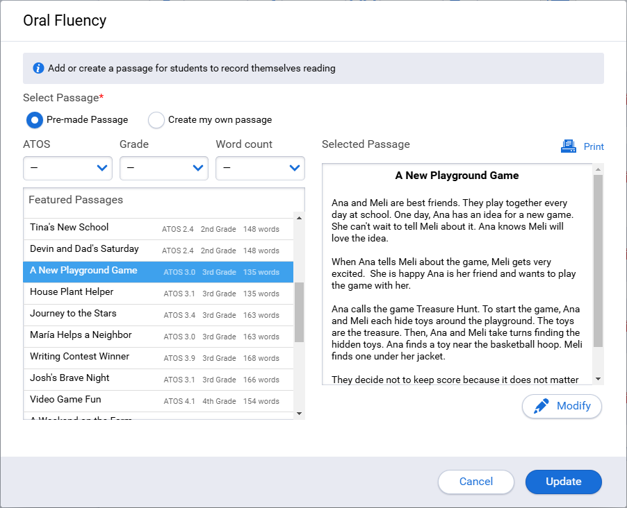 the oral fluency activity edit window