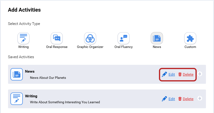 the Edit and Delete options next to an activity
