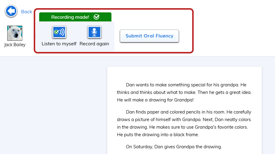 the Listen to myself, Record again, and Submit Oral Fluency options