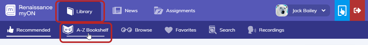 the Library option and the A to Z Bookshelf option at the top of the page