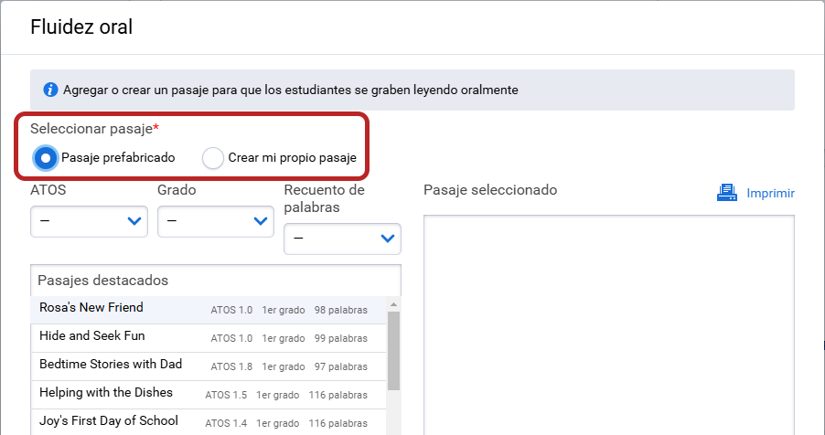 la ventana de la actividad de Fluidez Oral