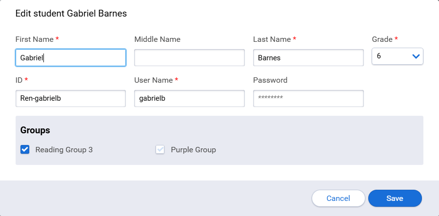 the Edit Student window with fields for the student's first, middle, and last name, ID, user name, and password, a drop-down list for grade selection, and check boxes for the groups in the class